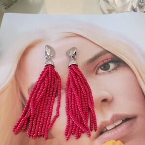 Silver and Red Beaded Tassel Earrings